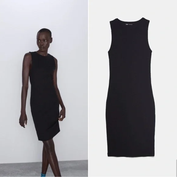 NWOT ZARA BLACK TEXTURED TUBE MIDI DRESS - Picture 1 of 7
